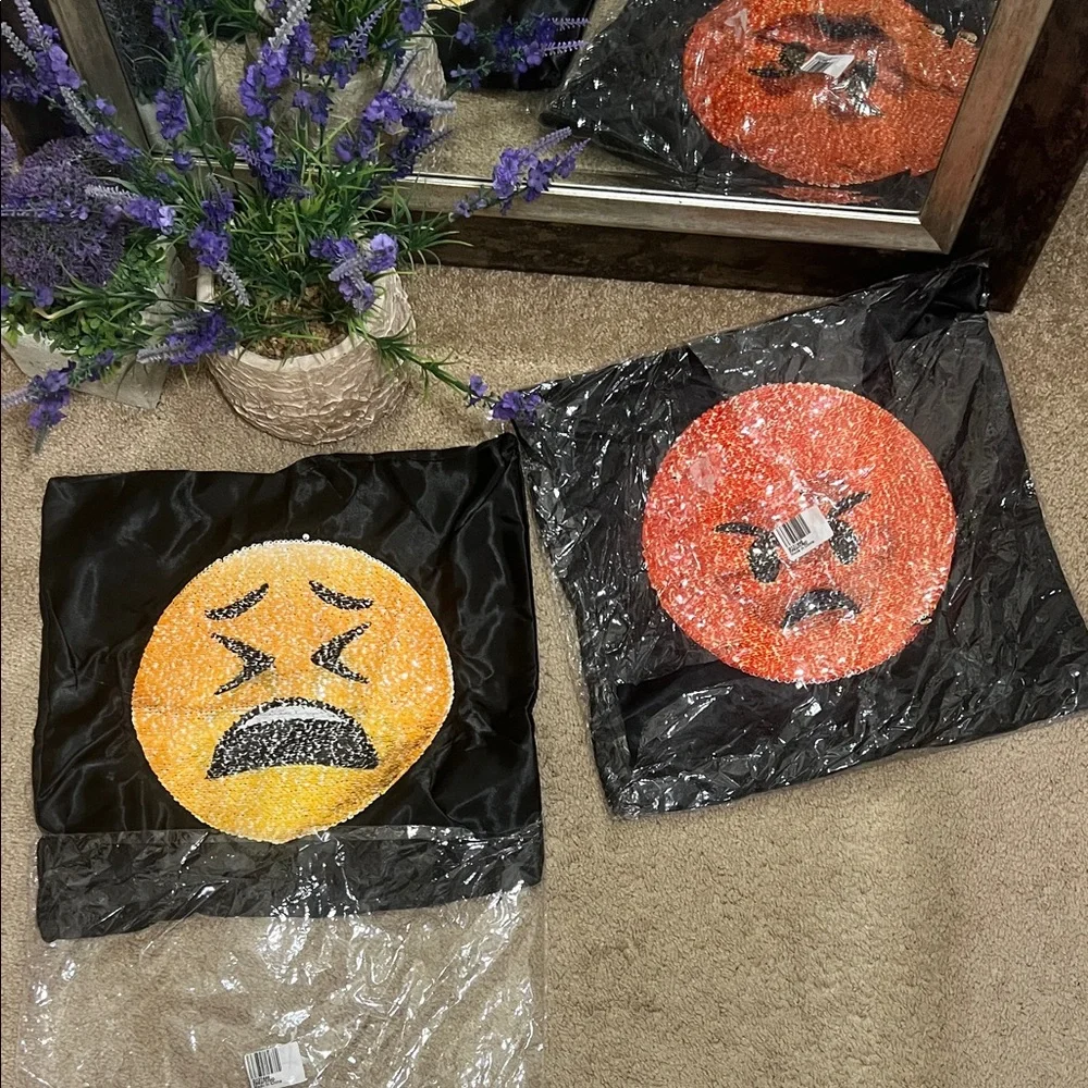 Emoji Design Black satin and Orange Throw Pillows cases